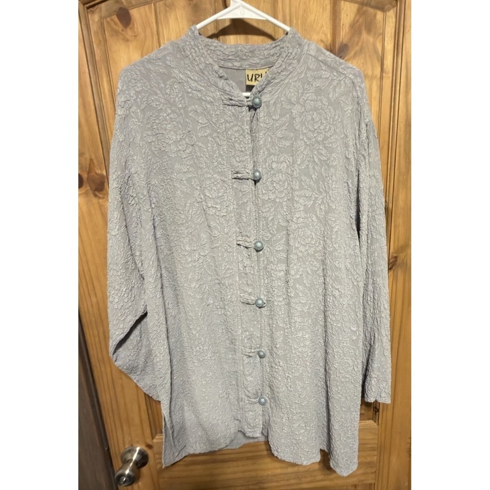 URU Large Gray Crinkle Silk Button Front Tunic Top Lagenlook Made in USA